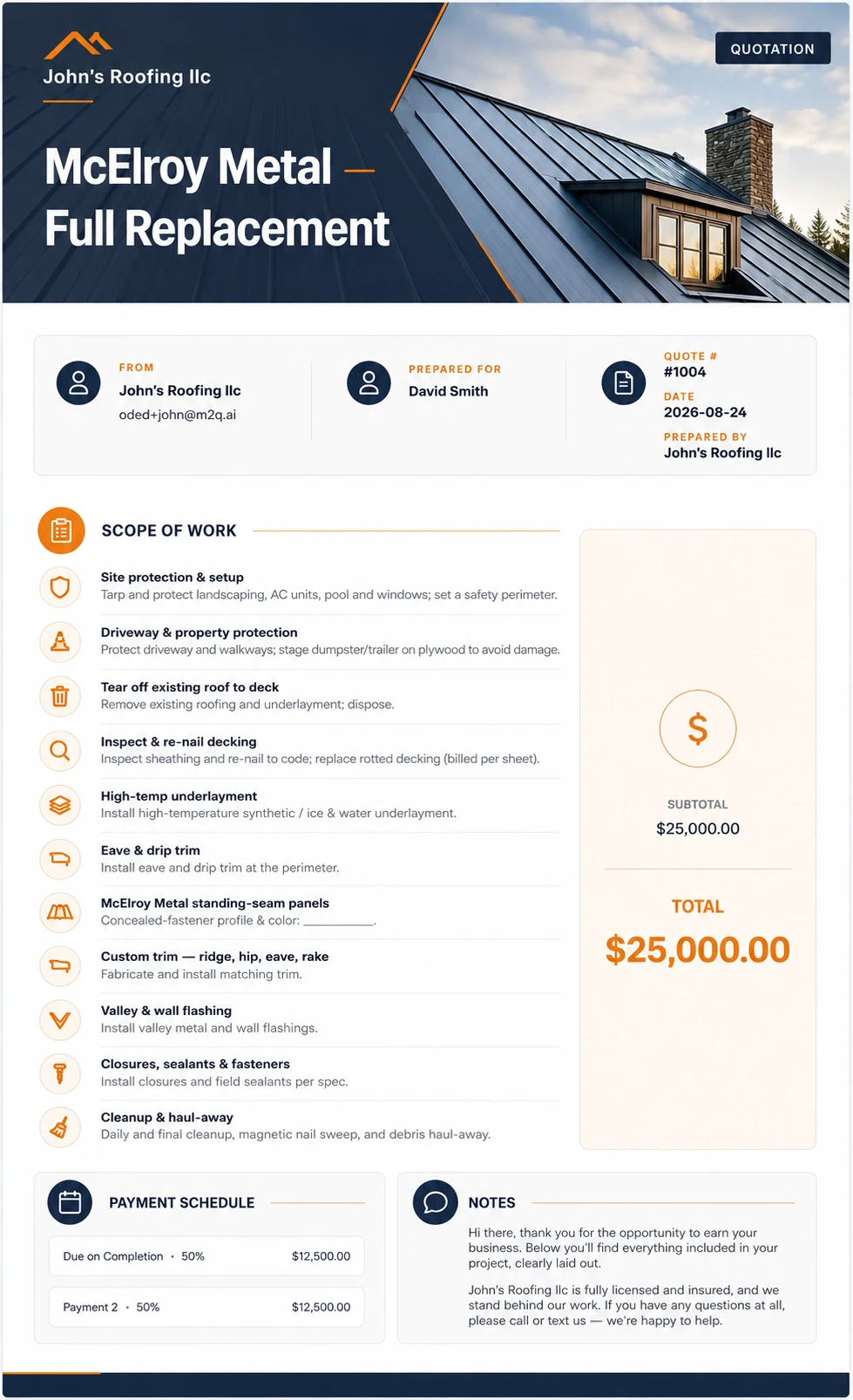 An M2Q roofing quote for a McElroy Metal full replacement, light letterhead design, with scope of work and payment schedule