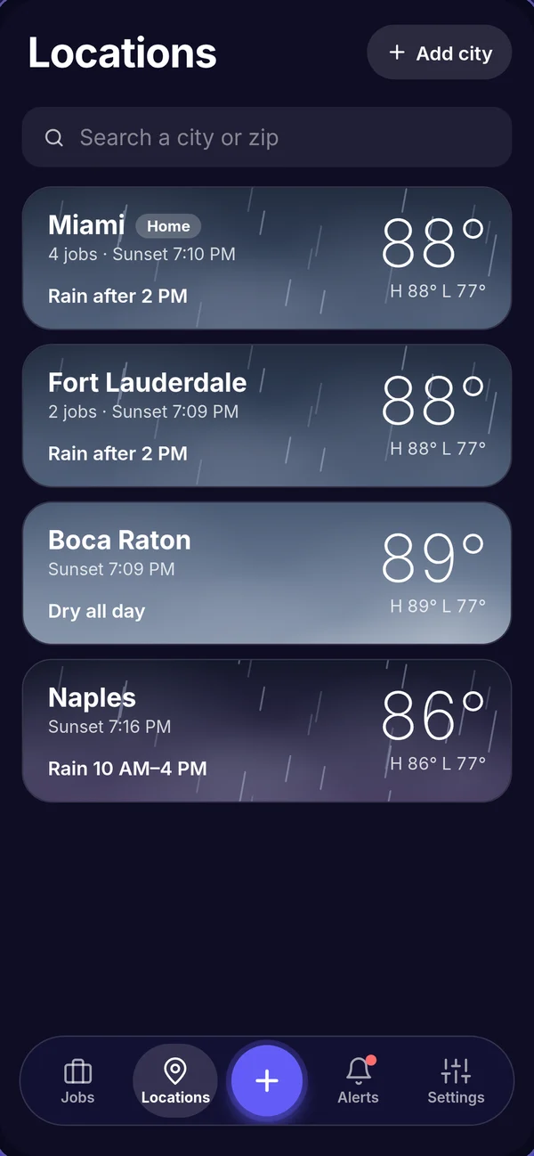 Followed cities, each card showing its live sky